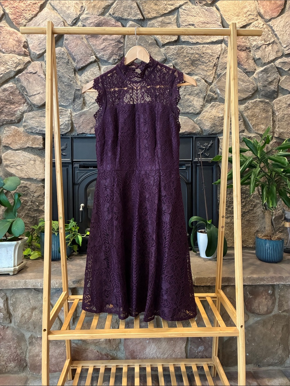 Calvin Klein Sleeveless Lace Midi Dress in Plum